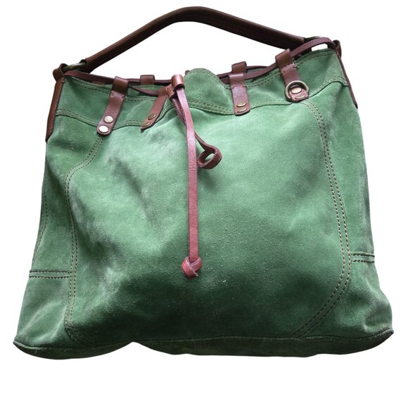 Lucky Brand Green Suede Brown Leather Trim Hobo Bucket Shoulder Bag 19"x14"x4" - Picture 1 of 13